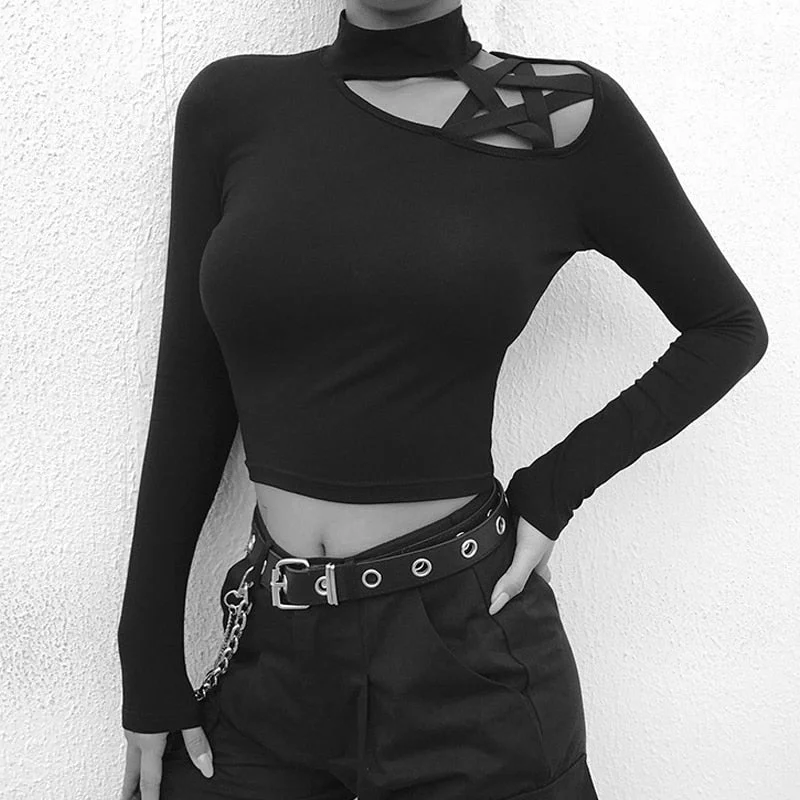 Harajuku t shirt gothic pentagram shoulder hollow out turtleneck long sleeve t-shirt women slim cotton 2019 new spring tshirt-- Zippered Front Buttoned Front Snap Front Harajuku t shirt gothic pentagram shoulder hollow out turtleneck long sleeve t-shirt women slim cotton 2019 new spring tshirt-- Zippered Front Buttoned Front Snap Front