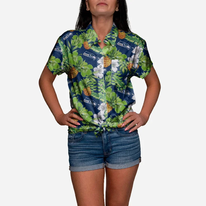 Seattle Seahawks My Fine-Apple Womens Button Up Shirt-- Striped Floral Plaid