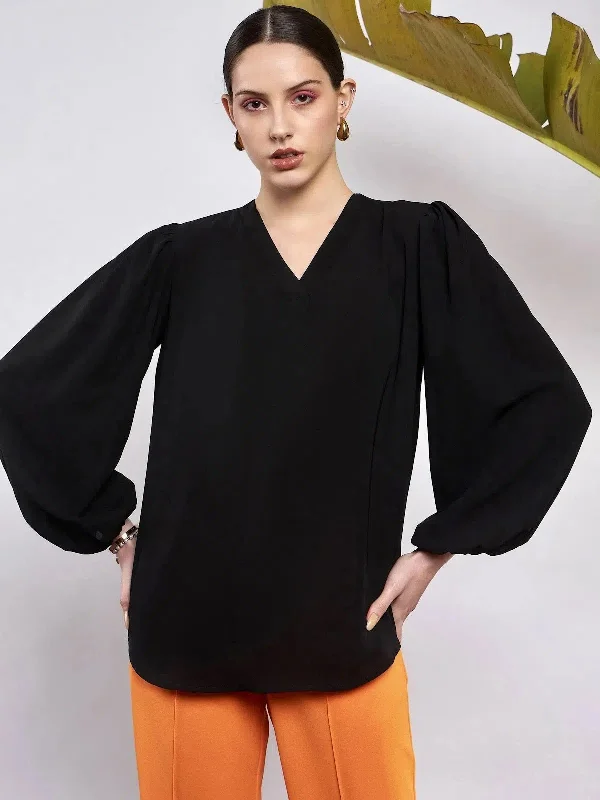 Women Black Puff Sleeves V-Neck Blouse Slim Fit Blouse