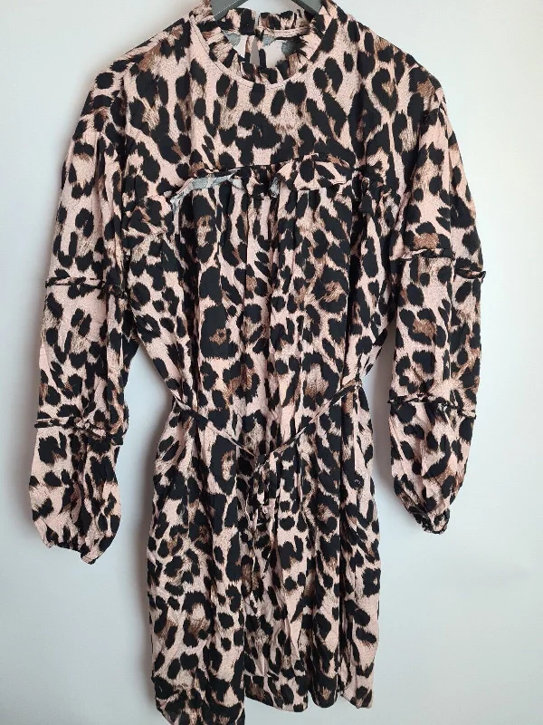 Womens Brown Animal High Neck Long Sleeve Mini Dress Size 12 **** V301 Chic Tropical Mini Dress