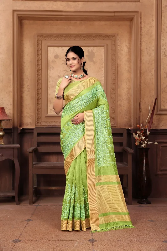 NOZ2TOZ Women's Party Wear Embroidery Worked Cotton Saree With Unstitched Blouse - Parrot Green Sheer Sleeve Blouse NOZ2TOZ Women's Party Wear Embroidery Worked Cotton Saree With Unstitched Blouse - Parrot Green Sheer Sleeve Blouse