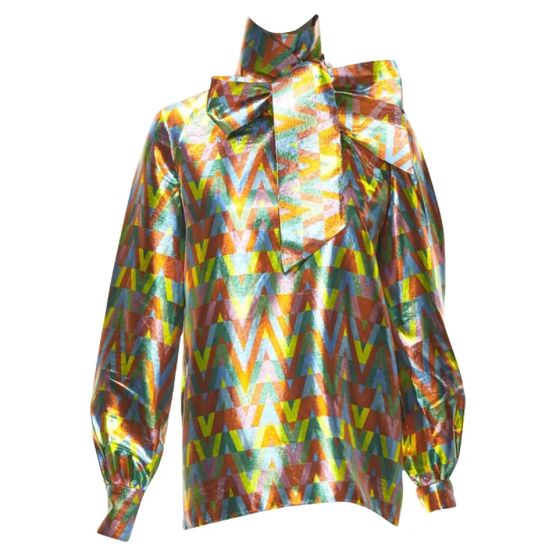 Valentino Garavani metallic lurex graphic V rainbow scar tie collar blouse Cotton Casual Blouse
