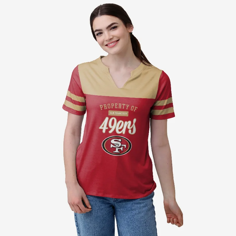 San Francisco 49ers Womens Team Stripe Property Of V-Neck T-Shirt-- Satin Fabric Silk Fabric Chiffon Fabric San Francisco 49ers Womens Team Stripe Property Of V-Neck T-Shirt-- Satin Fabric Silk Fabric Chiffon Fabric