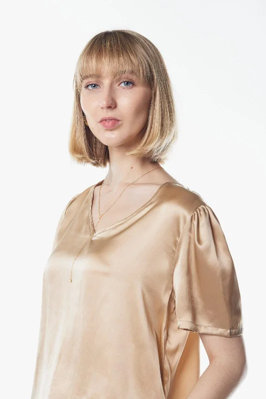 Champagne V-Neck Blouse Floral Chiffon Blouse