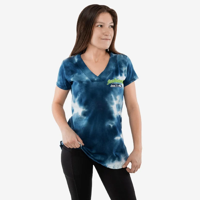 Seattle Seahawks Womens Tie-Dye Rush Oversized T-Shirt-- Hooded Caped Shawl Collar