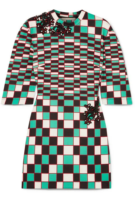 Embellished checked stretch-scuba mini dress Trendy Off-Shoulder Dress Mini