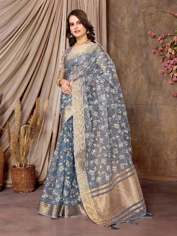 NOZ2TOZ Women's Party Wear Foil Print Khadi Silk Saree With Unstitched Blouse - Sky Blue Collared Satin Blouse NOZ2TOZ Women's Party Wear Foil Print Khadi Silk Saree With Unstitched Blouse - Sky Blue Collared Satin Blouse
