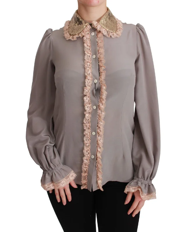 Dolce & Gabbana  Lace Trim Silk Blouse - Grey Casual Stripe Blouse