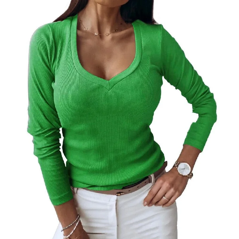 Women's V-neck Ribbed Long-sleeved Shirt-- Lace Blend Ribbed Blend Corduroy Blend