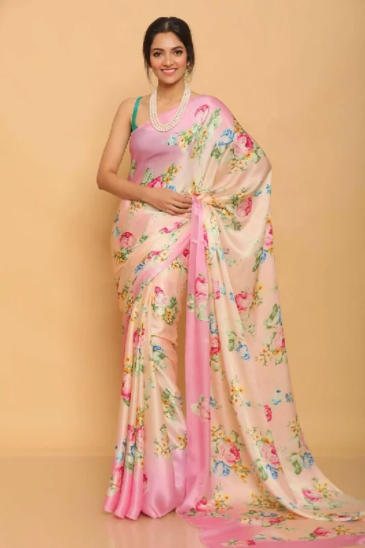 Sonakshi Pink Digital Printed Pure Japan Satin Saree with Blouse Office Formal Blouse Sonakshi Pink Digital Printed Pure Japan Satin Saree with Blouse Office Formal Blouse