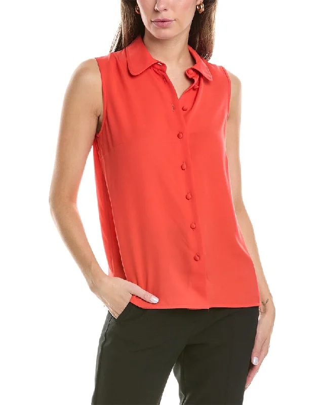 Lafayette 148 New York Sleeveless Button Front Silk Blouse Collared Satin Blouse
