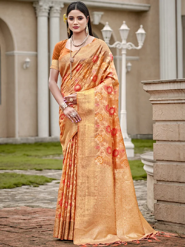 Women Orange Organza Saree With Un Stitched Blouse - Aanika Semi-Sheer Blouse