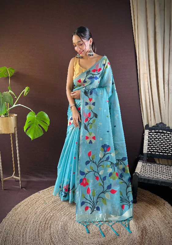 NOZ2TOZ Women's Party Wear Handloom Weaving Work Soft Cotton Saree With Unstitched Blouse - Sky Blue Versatile Layering Blouse NOZ2TOZ Women's Party Wear Handloom Weaving Work Soft Cotton Saree With Unstitched Blouse - Sky Blue Versatile Layering Blouse