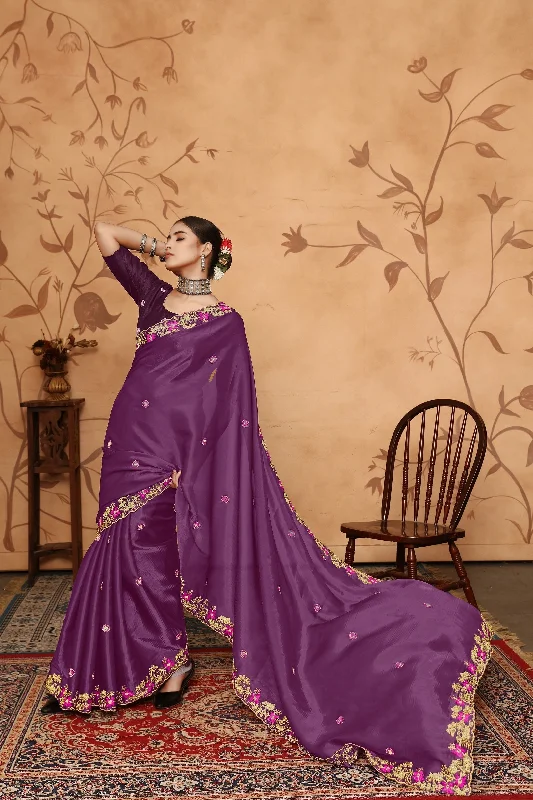 NOZ2TOZ Women's Party Wear Double Sequence Embroidery Worked Jimmy Choo Silk Saree With Unstitched Blouse - Purple Smart Casual Blouse NOZ2TOZ Women's Party Wear Double Sequence Embroidery Worked Jimmy Choo Silk Saree With Unstitched Blouse - Purple Smart Casual Blouse