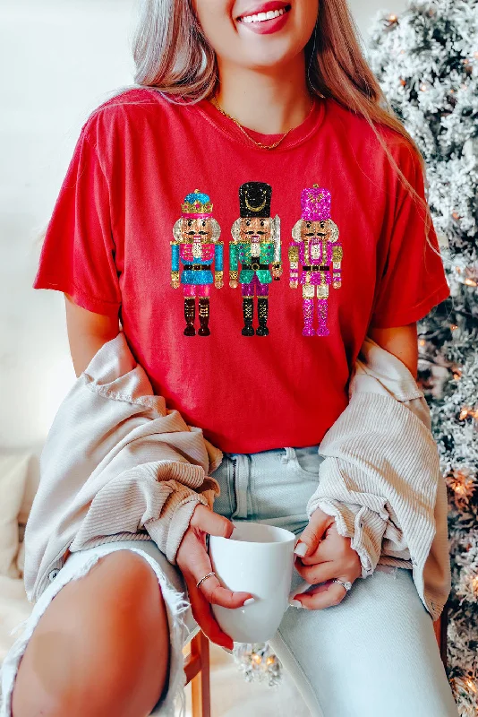 Red Glittering Nutcracker Printed Crewneck T Shirt-- Layered Multi-layer Single Layer