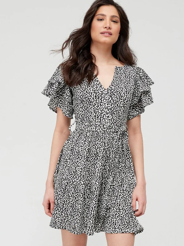 Womens Frill Sleeve Mini Dress - Animal Print. UK 20. V13 Elegant Satin Lace Mini Dress