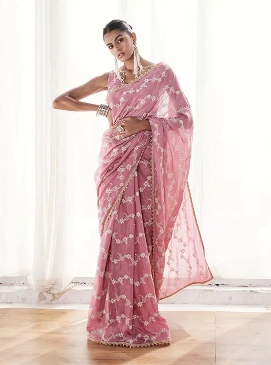 NOZ2TOZ Women's Party Wear Sequence Embroidery Worked Georgette Saree With Unstitched Blouse - Pink Feminine Satin Blouse NOZ2TOZ Women's Party Wear Sequence Embroidery Worked Georgette Saree With Unstitched Blouse - Pink Feminine Satin Blouse