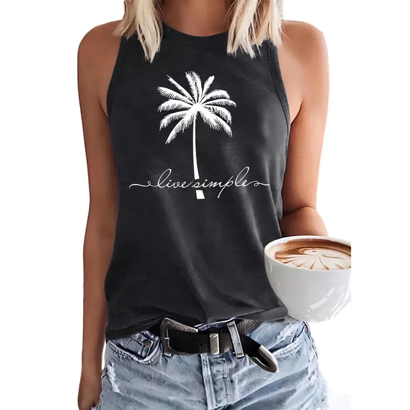 Coconut Tree Printed Crew Neck Casual Sleeveless T-shirt Women's Vest-- Faux Fur Fabric Real Fur Fabric Shearling Fabric Coconut Tree Printed Crew Neck Casual Sleeveless T-shirt Women's Vest-- Faux Fur Fabric Real Fur Fabric Shearling Fabric