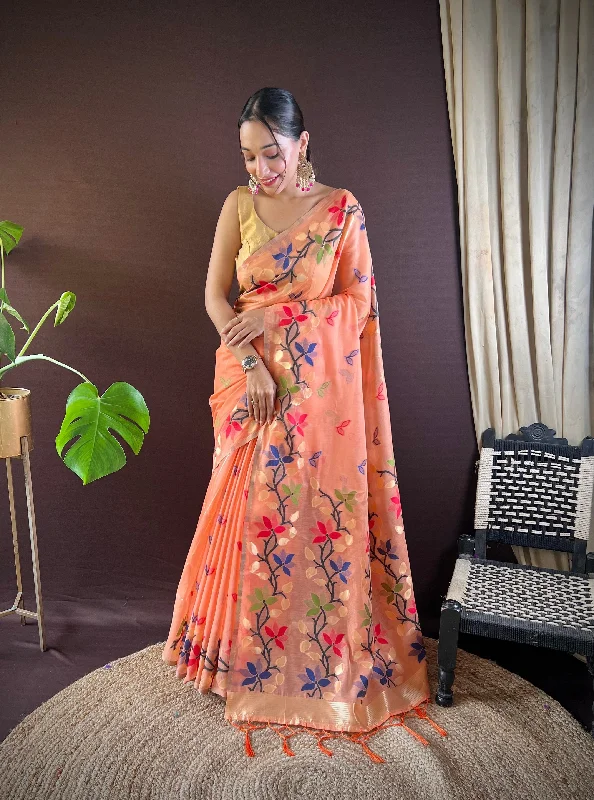 NOZ2TOZ Women's Party Wear Handloom Weaving Work Soft Cotton Saree With Unstitched Blouse - Orange Office Formal Blouse NOZ2TOZ Women's Party Wear Handloom Weaving Work Soft Cotton Saree With Unstitched Blouse - Orange Office Formal Blouse