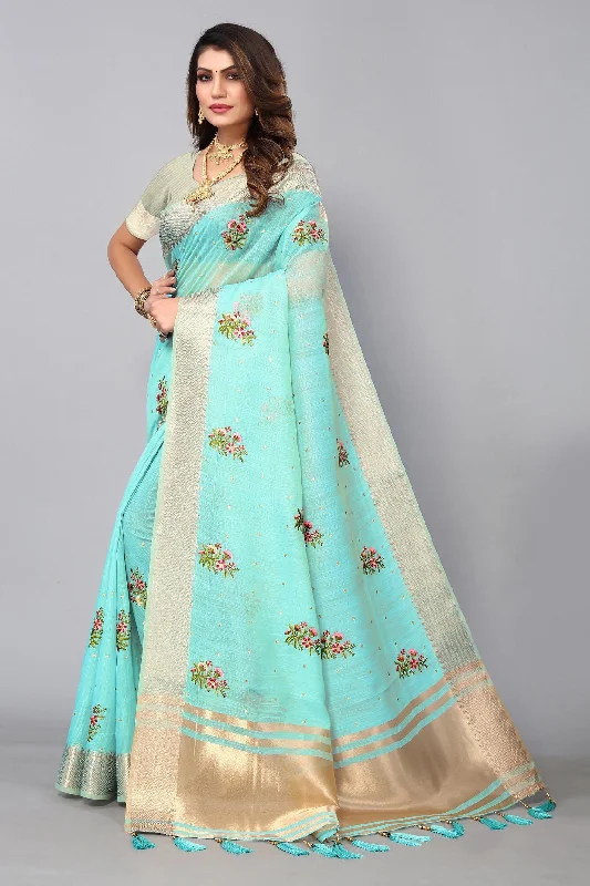 NOZ2TOZ Women's Party Wear Full Embroidery Worked Cotton Silk Saree With Unstitched Blouse - Sky Blue Business Casual Blouse NOZ2TOZ Women's Party Wear Full Embroidery Worked Cotton Silk Saree With Unstitched Blouse - Sky Blue Business Casual Blouse