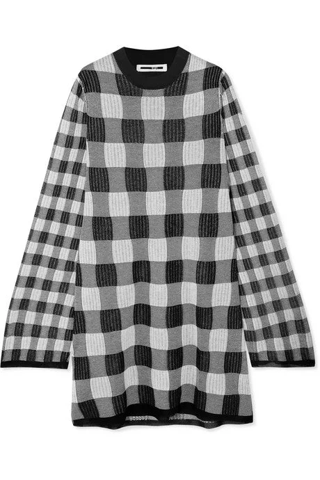 Checked knitted mini dress Casual V-Neck Mini Dress