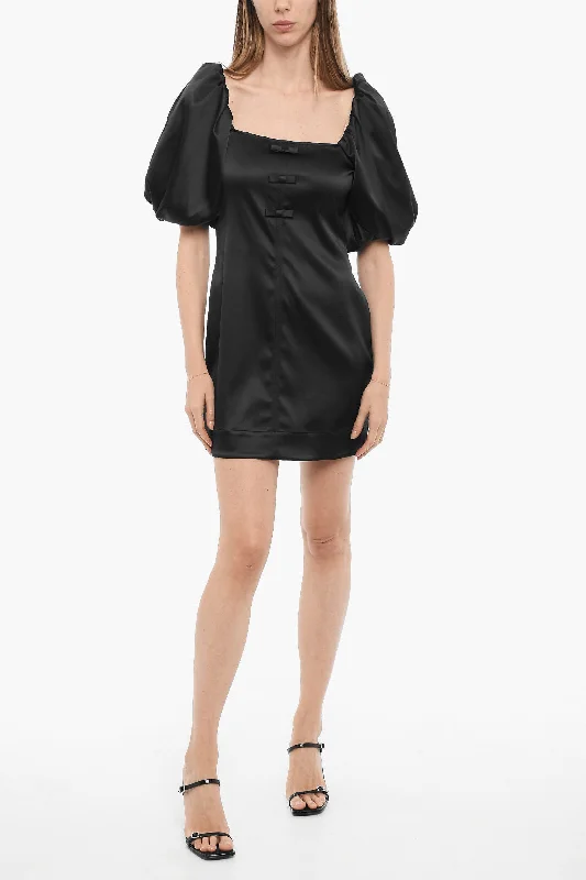 Ganni Satin Mini Dress with Balloon Sleeves Cozy Cowl Neck Mini Dress