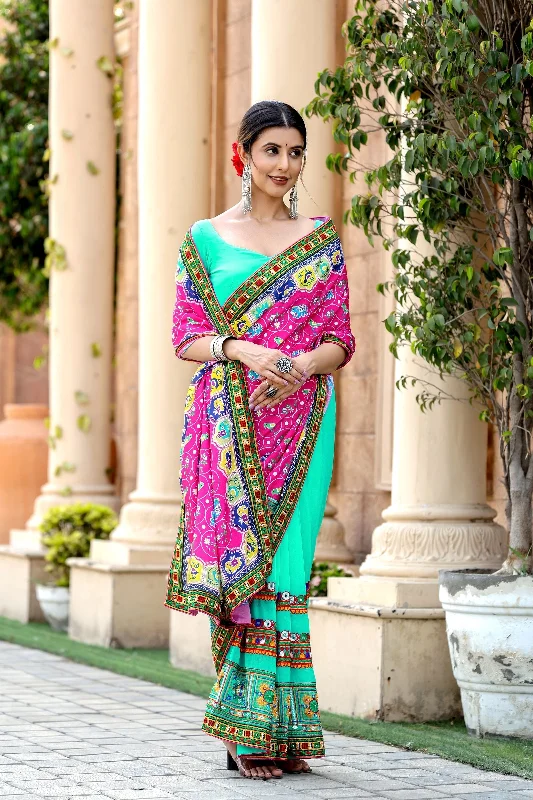 NOZ2TOZ Women's Party Wear Patola Print Chinon Saree With Unstitched Blouse - Pink Vintage Lace Blouse NOZ2TOZ Women's Party Wear Patola Print Chinon Saree With Unstitched Blouse - Pink Vintage Lace Blouse