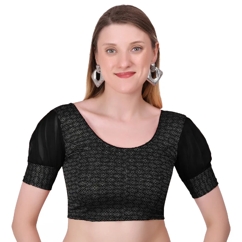 Vamika Heavy Double Phase Fabric Black Balloon Sleeves Blouse Silky Draped Blouse