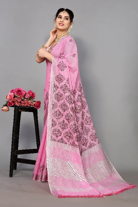 NOZ2TOZ Women's Party Wear Full Embroidery Worked Cotton Silk Saree With Unstitched Blouse - Pink Lightweight Tunic Blouse NOZ2TOZ Women's Party Wear Full Embroidery Worked Cotton Silk Saree With Unstitched Blouse - Pink Lightweight Tunic Blouse