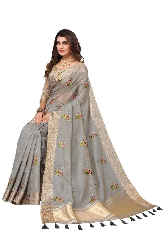 NOZ2TOZ Women's Party Wear Full Embroidery Worked Cotton Silk Saree With Unstitched Blouse - Grey Ruched Sleeve Blouse NOZ2TOZ Women's Party Wear Full Embroidery Worked Cotton Silk Saree With Unstitched Blouse - Grey Ruched Sleeve Blouse