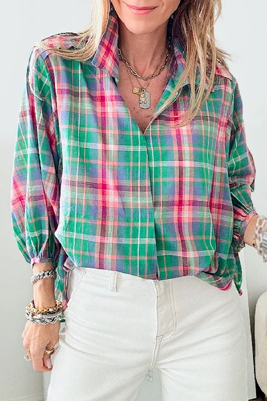 Green Checkered 3/4 Sleeve Collared Loose Fit Shirt-- Solid Color Striped Floral