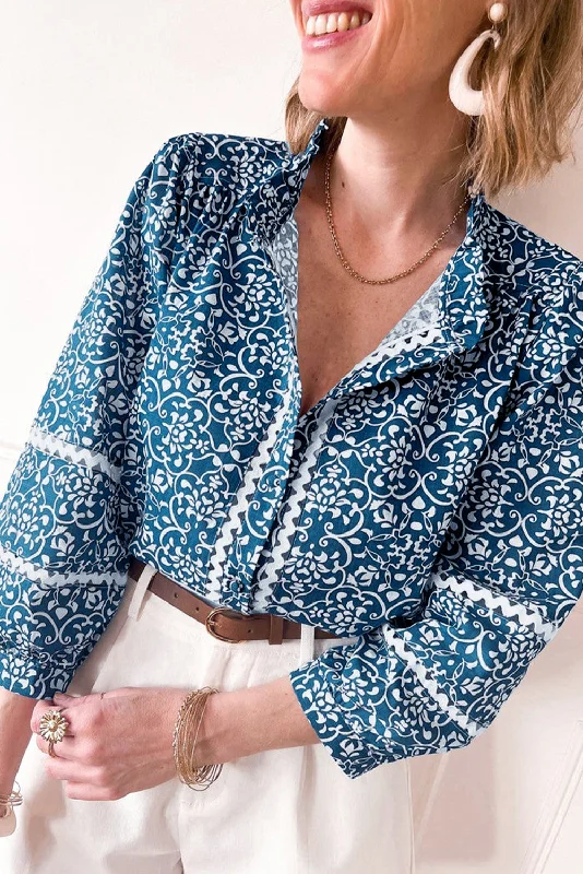 Blue Floral Ric-rac Patchwork Button Loose Fit Shirt-- Elegant Classic Vintage