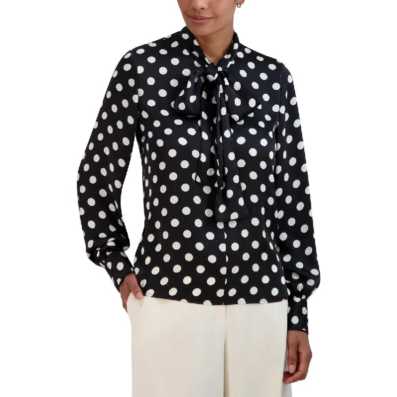 Womens Satin Tie Neck Blouse Casual Relaxed Fit Blouse