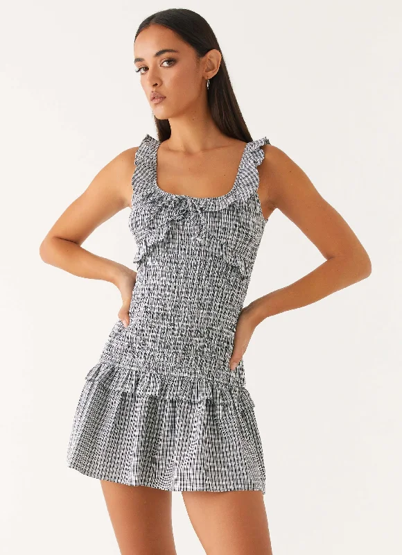 Mali Shirred Mini Dress - Checker Trendy Wraparound Mini Dress