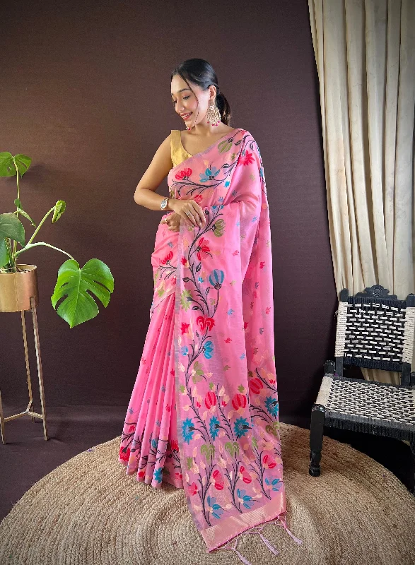 NOZ2TOZ Women's Party Wear Handloom Weaving Work Soft Cotton Saree With Unstitched Blouse - Pink Feminine Ruffle Blouse NOZ2TOZ Women's Party Wear Handloom Weaving Work Soft Cotton Saree With Unstitched Blouse - Pink Feminine Ruffle Blouse