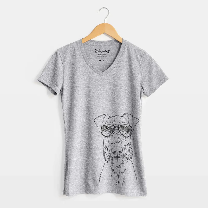 Aviator Andy the Airedale Terrier - Women's V-neck Shirt-- Graphic Embroidered Appliqued Aviator Andy the Airedale Terrier - Women's V-neck Shirt-- Graphic Embroidered Appliqued