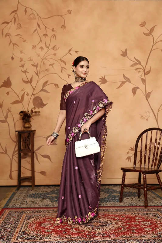 NOZ2TOZ Women's Party Wear Double Sequence Embroidery Worked Jimmy Choo Silk Saree With Unstitched Blouse - Wine Silky Tunic Blouse NOZ2TOZ Women's Party Wear Double Sequence Embroidery Worked Jimmy Choo Silk Saree With Unstitched Blouse - Wine Silky Tunic Blouse