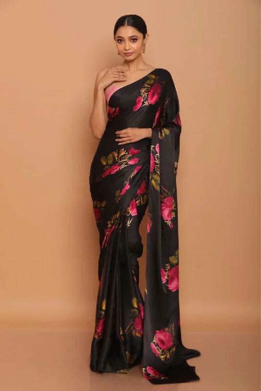 Sonakshi Black Digital Printed Pure Japan Satin Saree with Blouse Boho Printed Blouse Sonakshi Black Digital Printed Pure Japan Satin Saree with Blouse Boho Printed Blouse