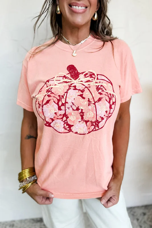 Pink Floral Pumpkin Print Crew Neck Casual T Shirt-- Elasticated Padded Insulated