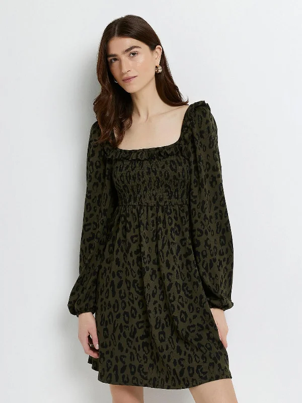River Island Shirred Khaki Leopard Mini Dress Size 6 **** V370 Stylish Puff Sleeve Mini Dress River Island Shirred Khaki Leopard Mini Dress Size 6 **** V370 Stylish Puff Sleeve Mini Dress