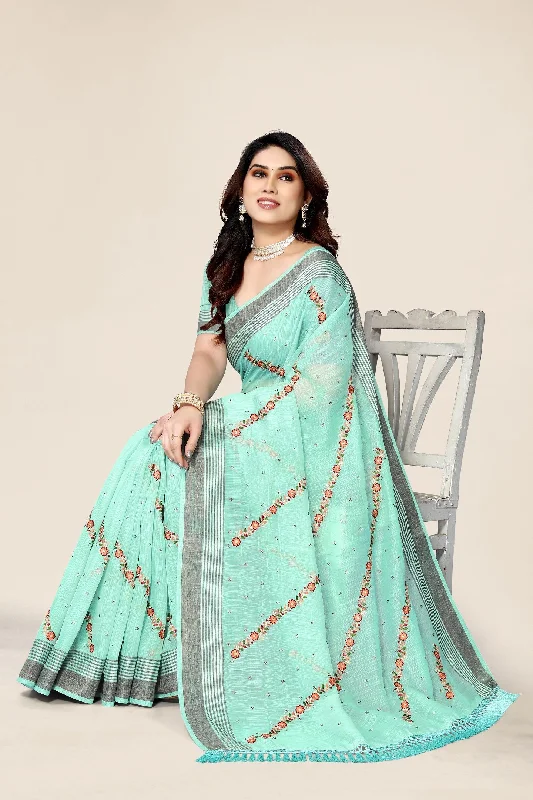 NOZ2TOZ Women's Party Wear Full Embroidery Worked Cotton Saree With Unstitched Blouse - Sky Blue Gathered Detail Blouse