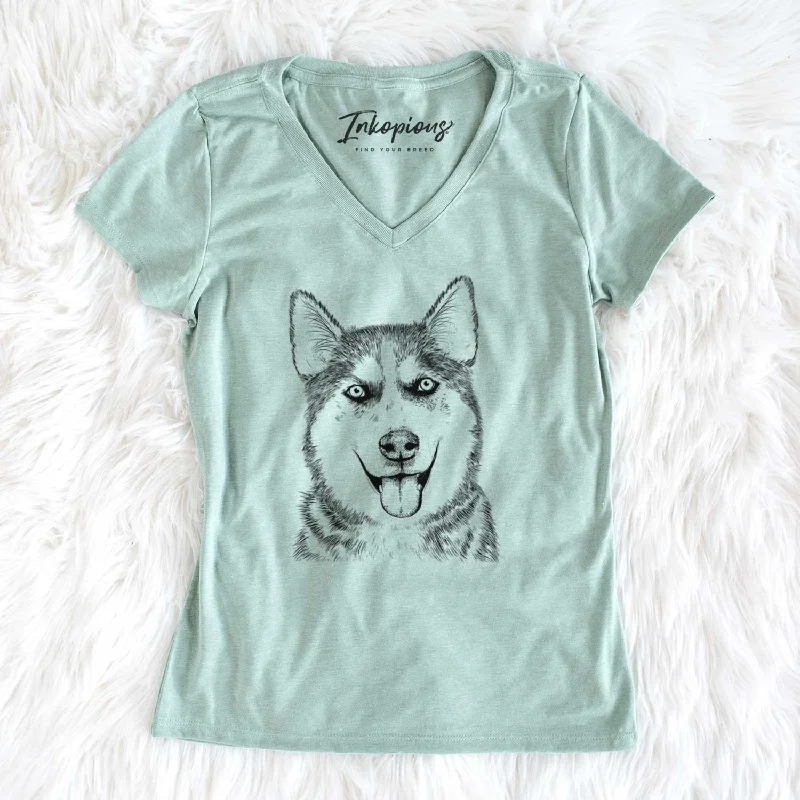Bare Sesi the Siberian Husky - Women's V-neck Shirt-- Hooded Caped Shawl Collar