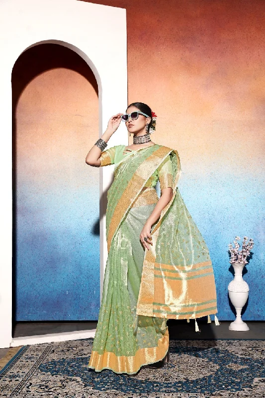 NOZ2TOZ Women's Party Wear Embroidery Worked Tissue Cotton Silk Saree With Unstitched Blouse - Pista Green Balloon Sleeve Blouse NOZ2TOZ Women's Party Wear Embroidery Worked Tissue Cotton Silk Saree With Unstitched Blouse - Pista Green Balloon Sleeve Blouse