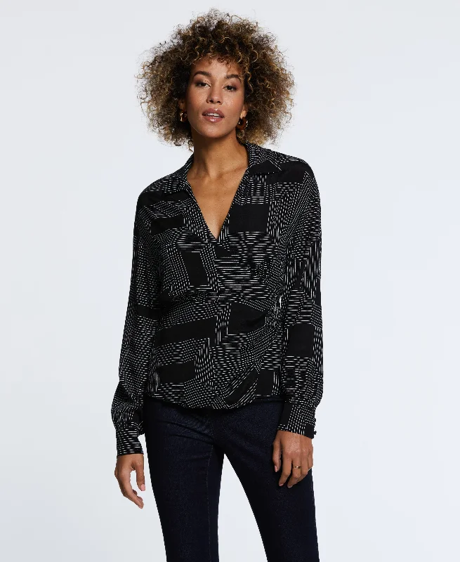 Petite Size Eco Fabric Long Sleeve Faux Wrap Blouse Embroidered Floral Blouse