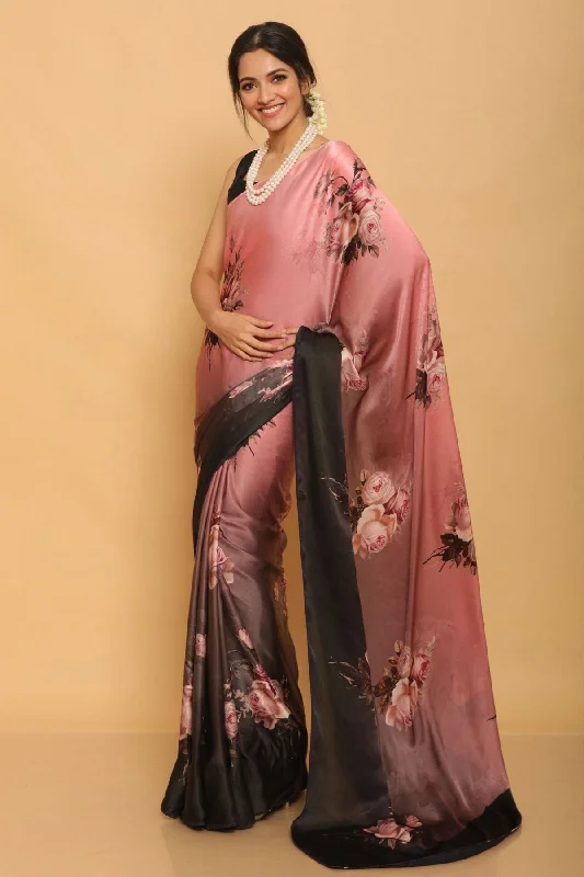 Sonakshi Pink Digital Printed Pure Japan Satin Saree with Blouse Chic Sleeveless Blouse Sonakshi Pink Digital Printed Pure Japan Satin Saree with Blouse Chic Sleeveless Blouse