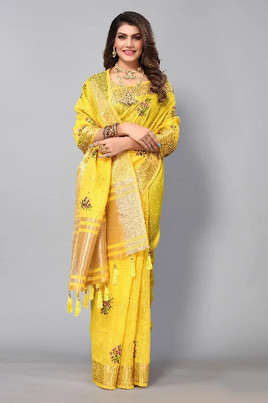 NOZ2TOZ Women's Party Wear Full Embroidery Worked Cotton Silk Saree With Unstitched Blouse - Yellow Elegant Semi-Sheer Blouse