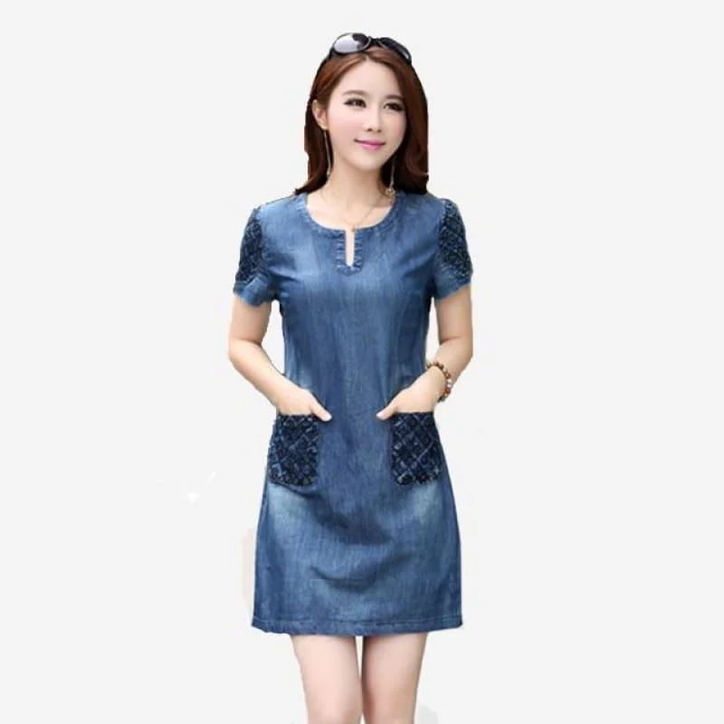 Denim Short-sleeve A-line Mini Dress Casual Button-Up Mini Dress