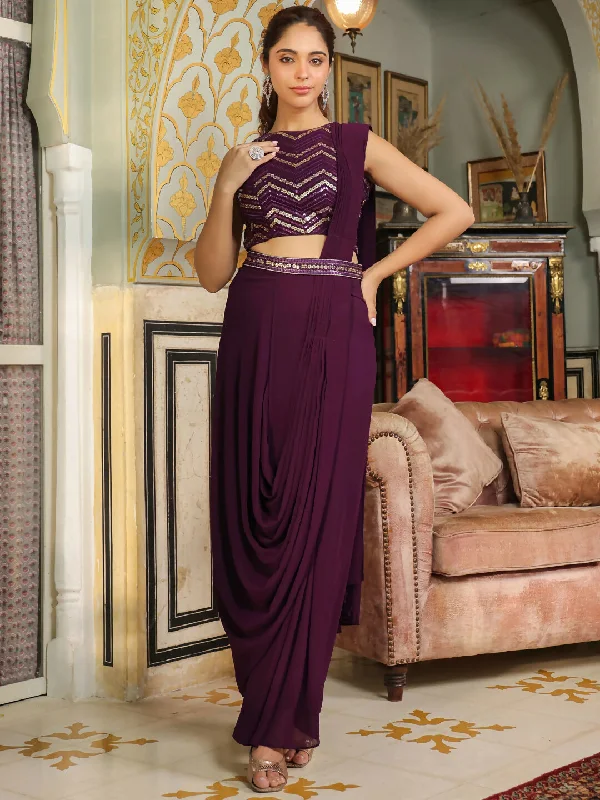Janasya Purple Georgette Sequined Saree and Blouse Sweetheart Neck Blouse