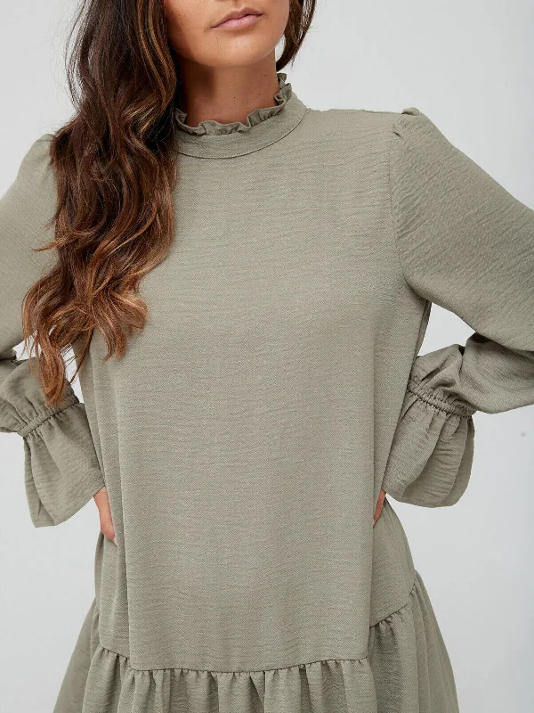Khaki High Neck Dropped Hem Mini Dress Size 18 **** V485 Casual V-Neck Mini Dress