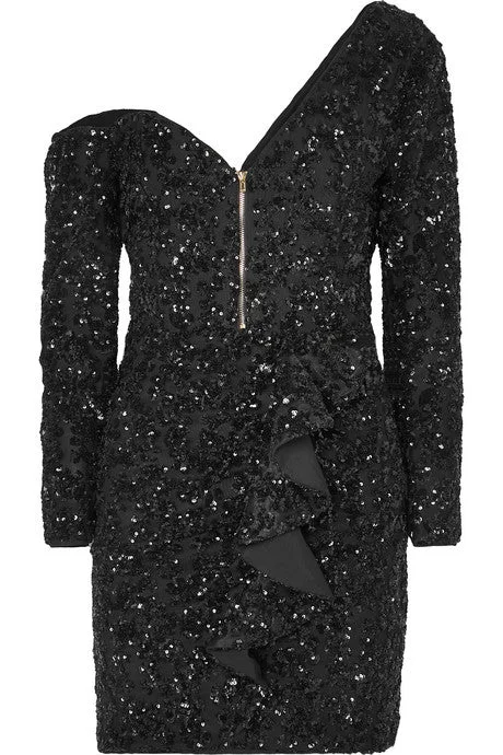 One-shoulder sequined crepe mini dress Fashionable Mini Dress with Pockets